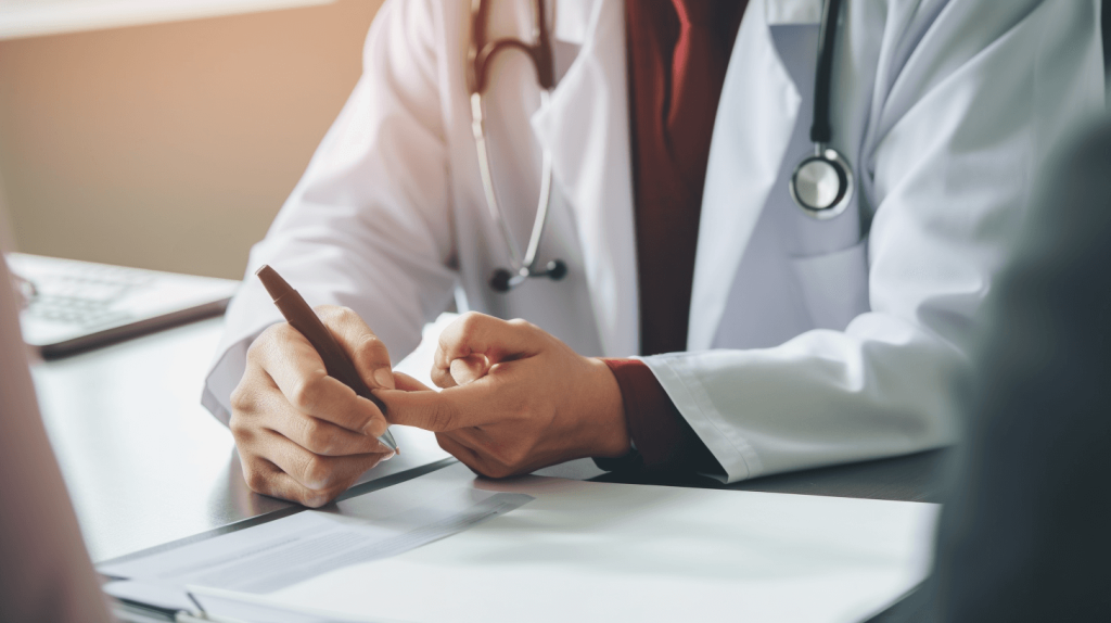 This image depicts a doctor with a patient drafting up an Independent Medical Examination report for workers compensation.